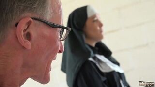 Horny teen nun strips and fucks an old man in the confessional - porn video