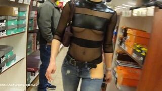 Shopping and showing underboob with cutout jeans and high slit skirt - porn video